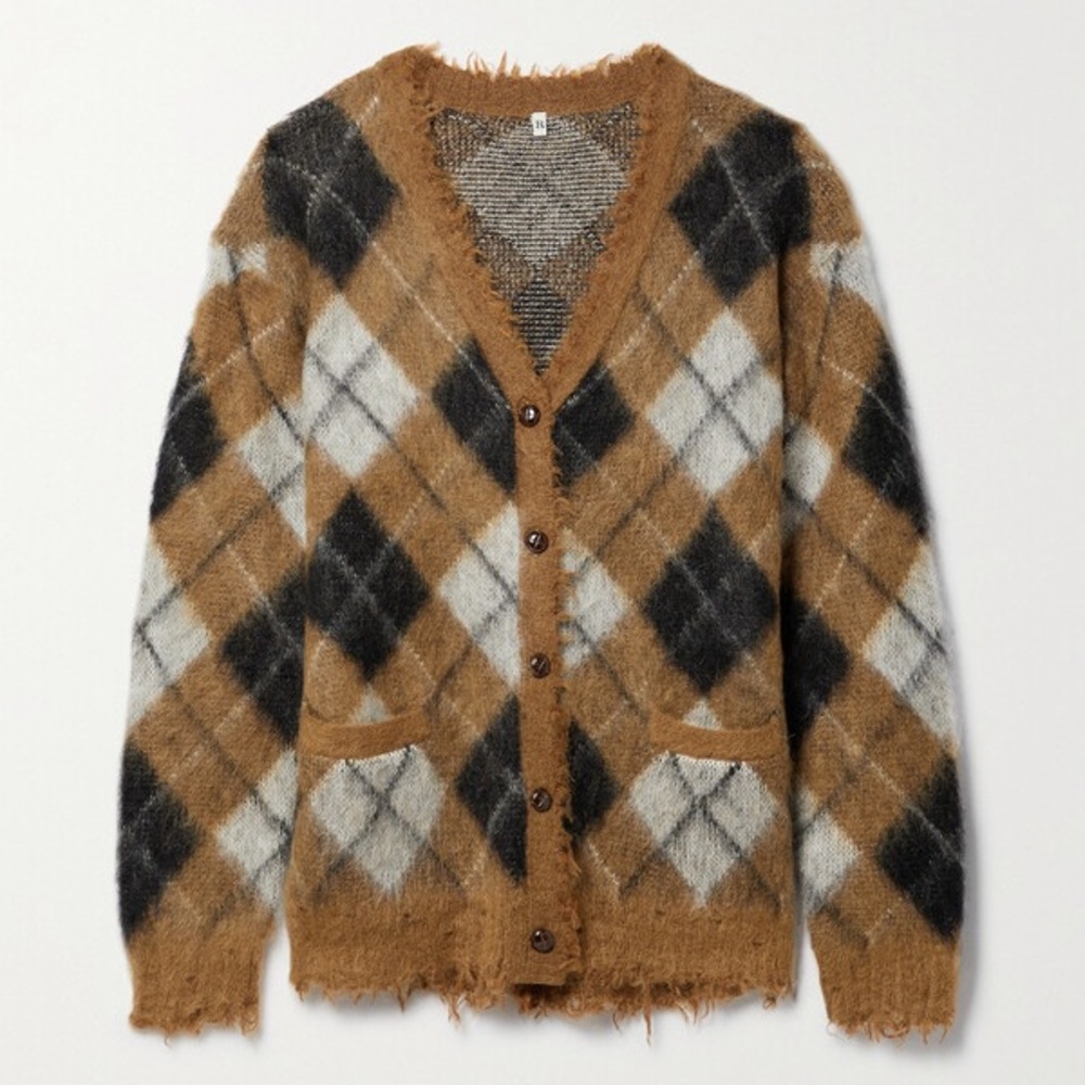 R13 DISTRESSED ARGYLE JACQUARD KNIT CARDIGAN IN BROWN